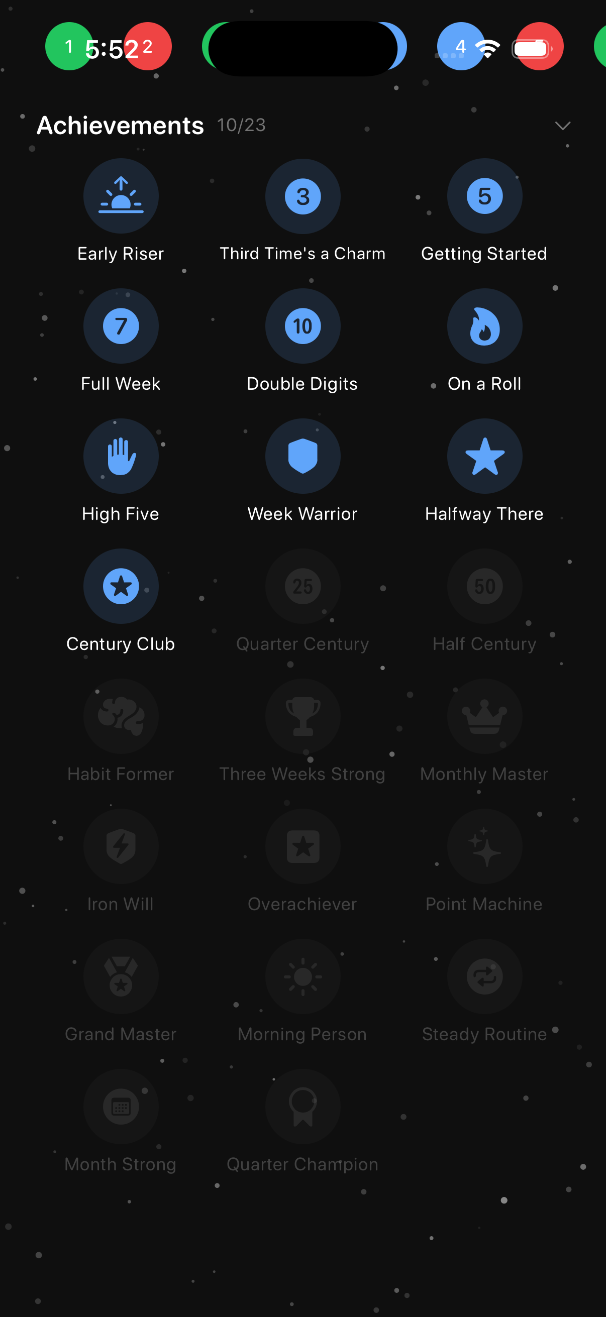 Achievements grid with unlocked badges