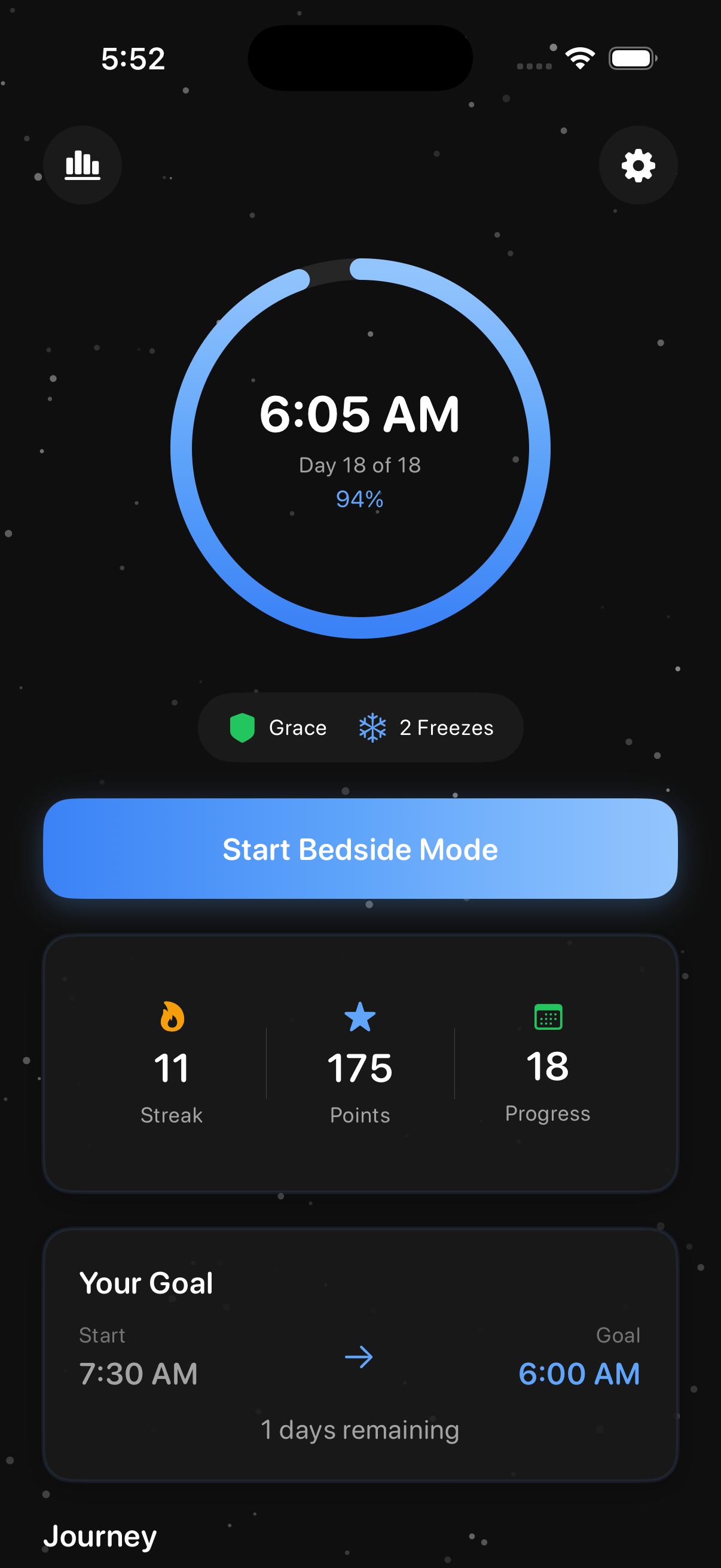 Dashboard showing progress ring, streak, and points